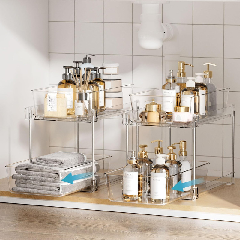 1 Pack Bathroom Organizer, 2 Tier Clear Under Sink Organizers Vanity Countertop Storage Container,Cabinet Drawers Bins, Pull-Out Organization with Track for โ image 6