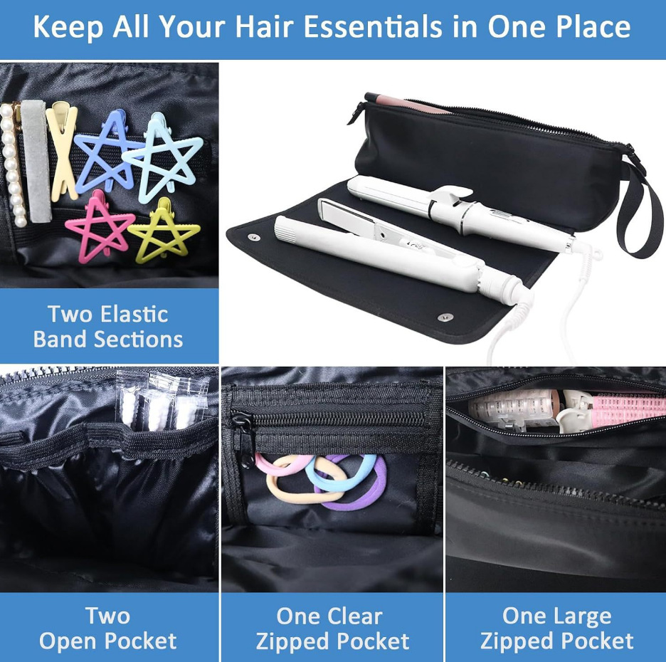 Black Premium Insulated Roll-Up Travel Case for Hair Styling Tools & Blow Dryers with Muti-Pockets (18x5.5x5 Inch) โ image 4