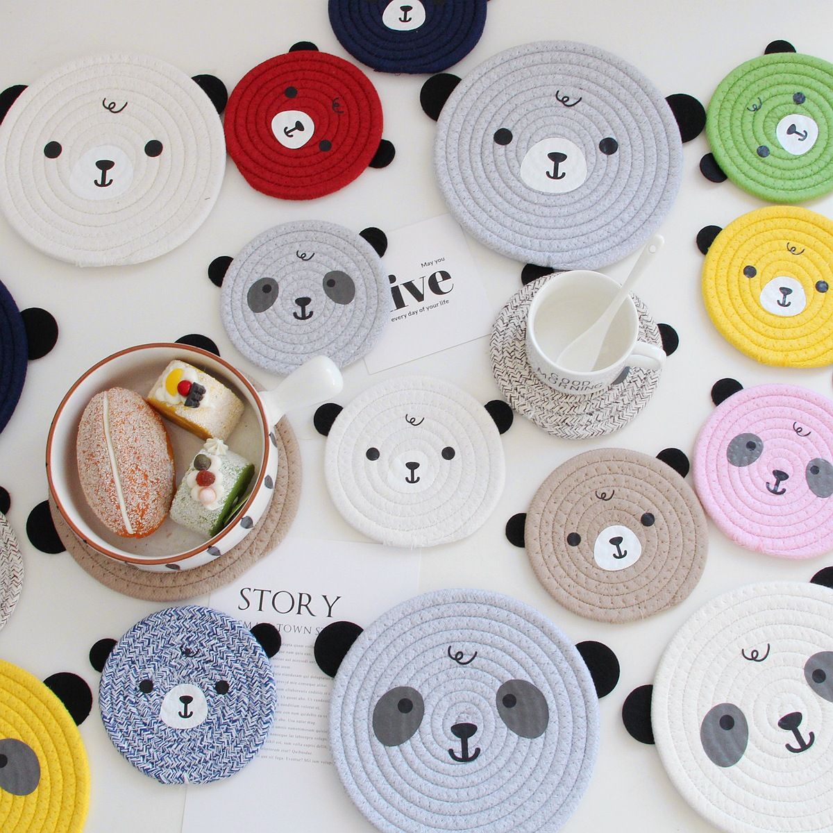 4PCS Yellow Cute Bear Woven Cotton Coasters, 12cm Dia Durable Heat Resistant Trivets Set for Drink Cup Dishes and Pot — image 2