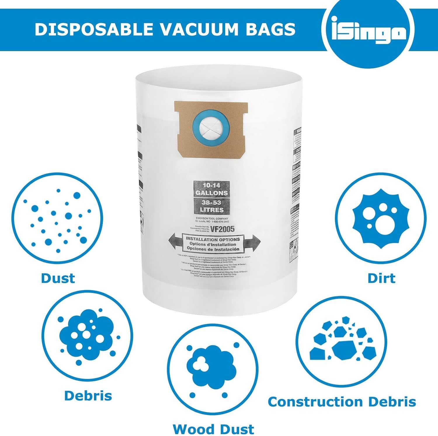 10 PCS Vacuum Bags Replacement or Shop Vac Bags 10-14 Gallon,Type 90662 9066200 9066233; Type I 90672 9067200 9067233; V2005, High Eiciency Disposable ine Dust — image 3