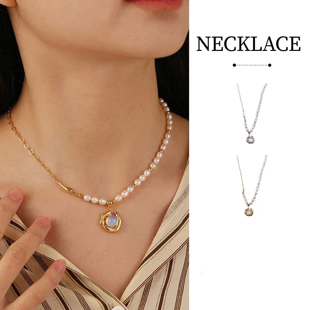 Vintage Moonstone and Pearl Necklace with Chain Fashion Jewelry Women and Girls - Silver — image 2