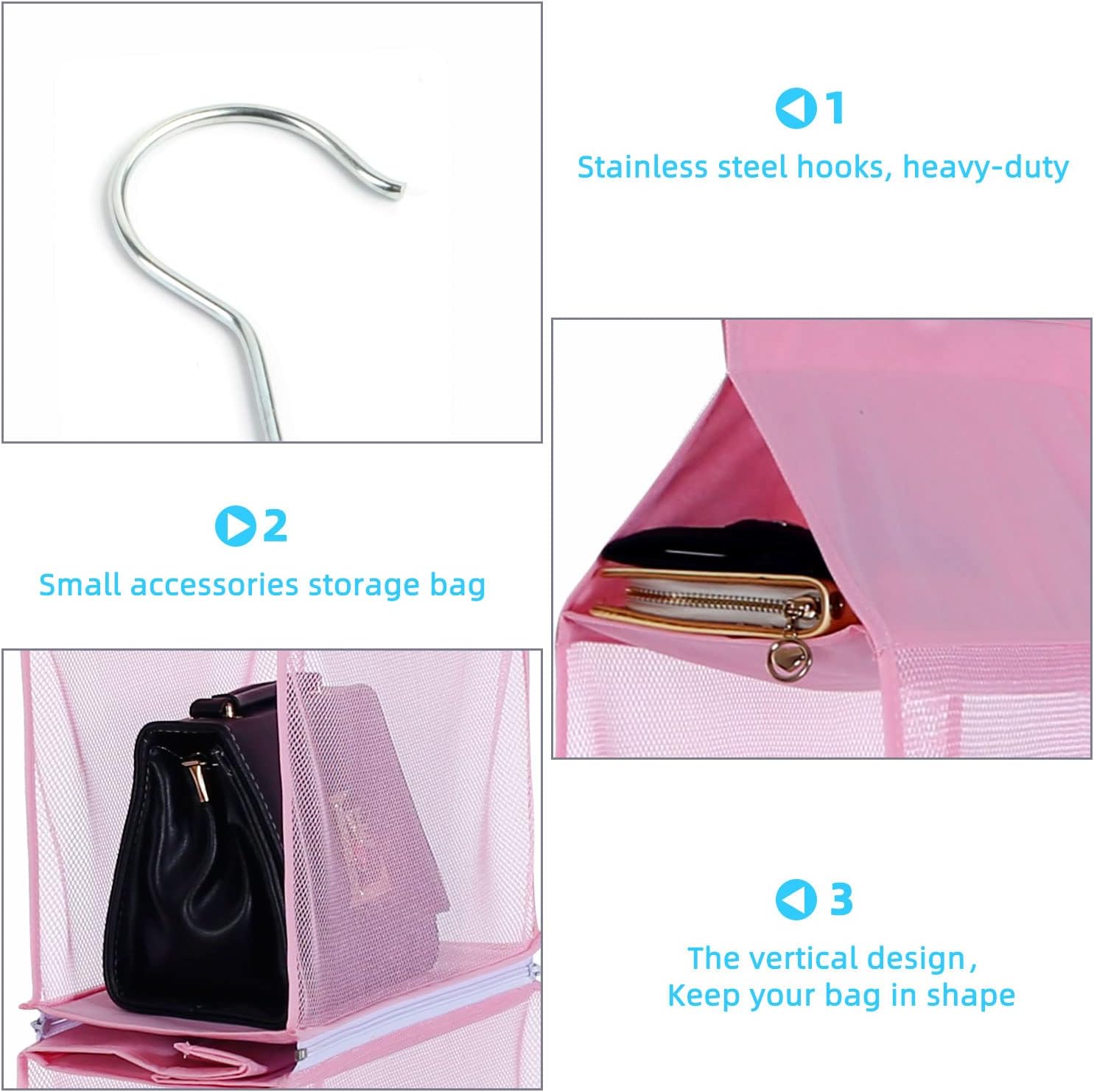 Closet Purse Organizer, Hanging Handbag Organizer with 4 Heavy-Duty Mesh Shelves Closet Purse Storage Bag (Pink) — image 6