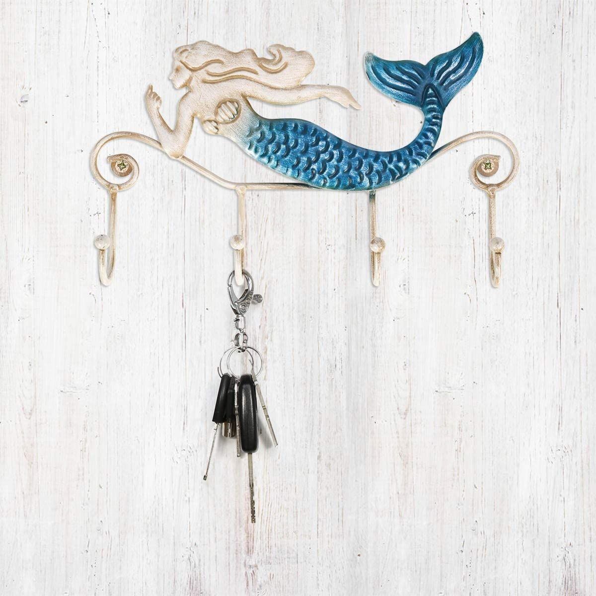 Wall Mounted Key Holder Iron Mermaid Wall Decoration 4 Hooks for Coats Towels Bags Wall Mount Clothes Holder Screws Included — image 5