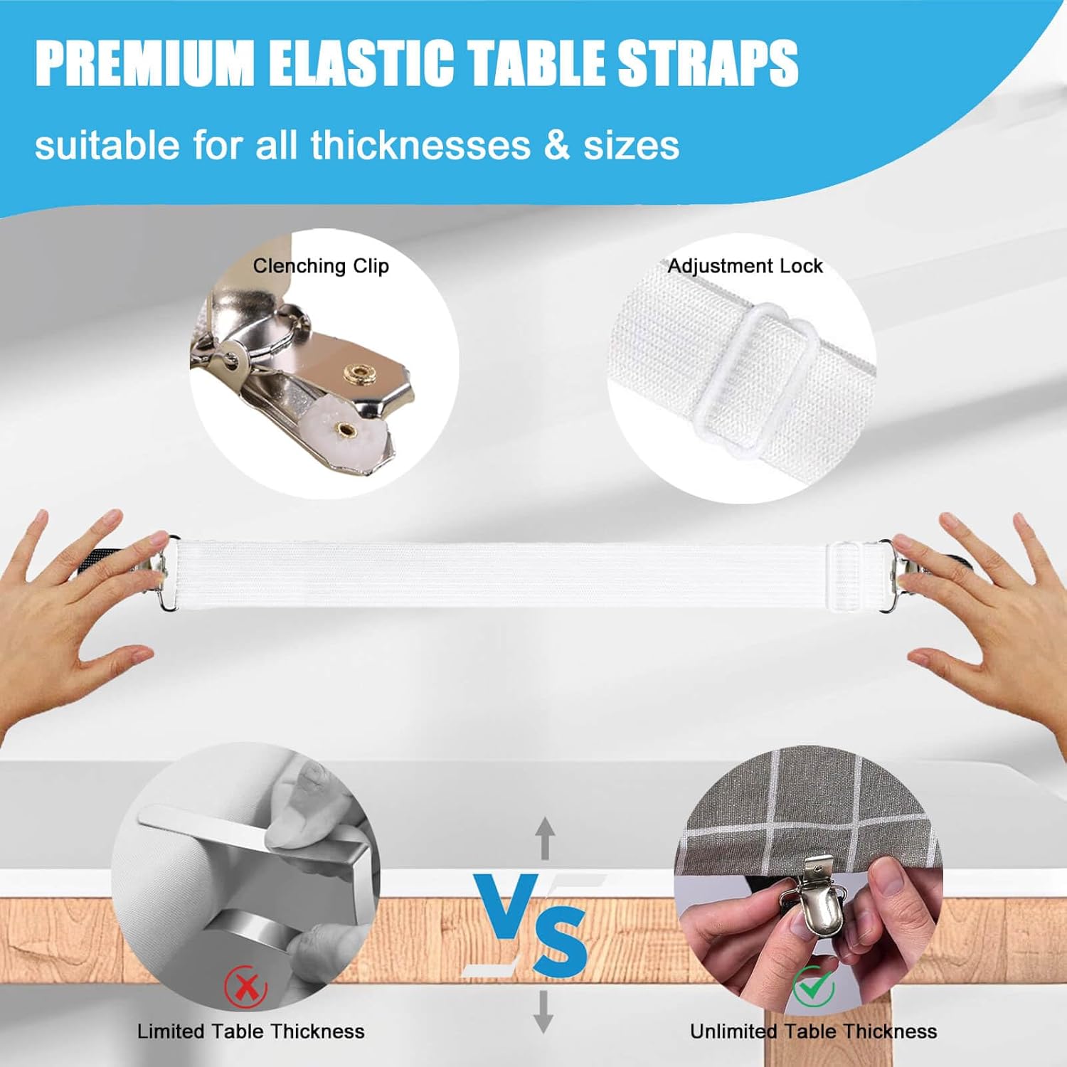 Table Cloth Holder Clips Hidden Strap 5 Pack, Adjustable Elasticity Picnic Tablecloth Clip Indoor Outdoor Large Clamp for Thick Tables Bench Cover Party — image 3