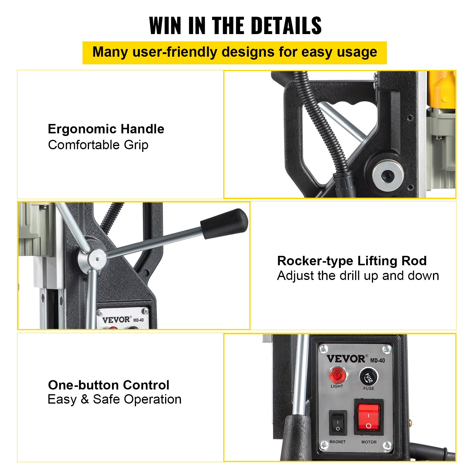 Magnetic Drill, 1100W 1.57" Boring Diameter, 2697lbf/12000N Portable Electric Mag Drill Press with 7 Bits, 580 RPM Max Speed Drilling Machine for any Surface — image 6