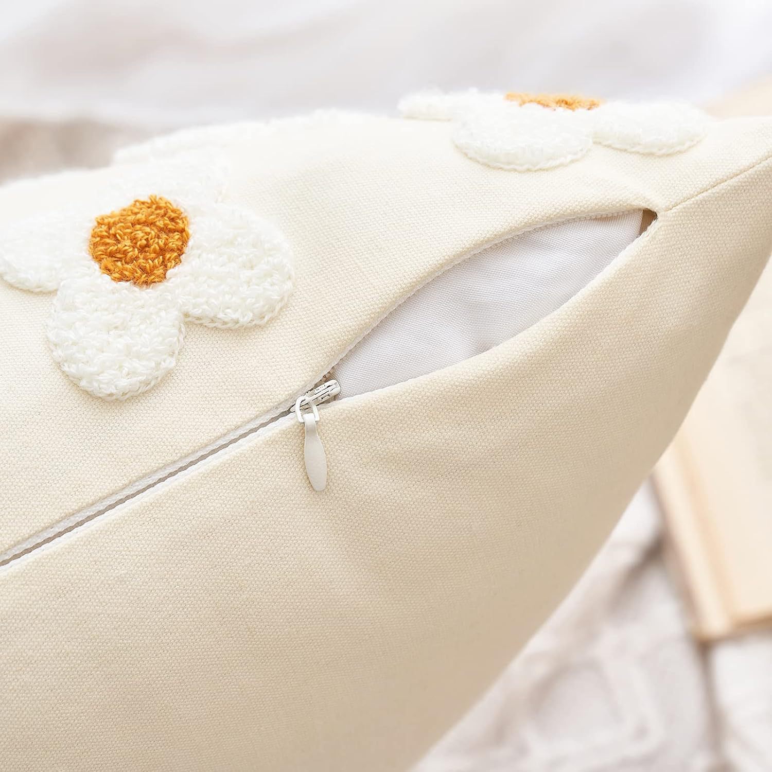 Beige and Khaki Charming 3D Daisy Embroidered Canvas Cushion Covers - Set of 2, 45 × 45cm Soft Textured Decorative Pillowcases — image 3
