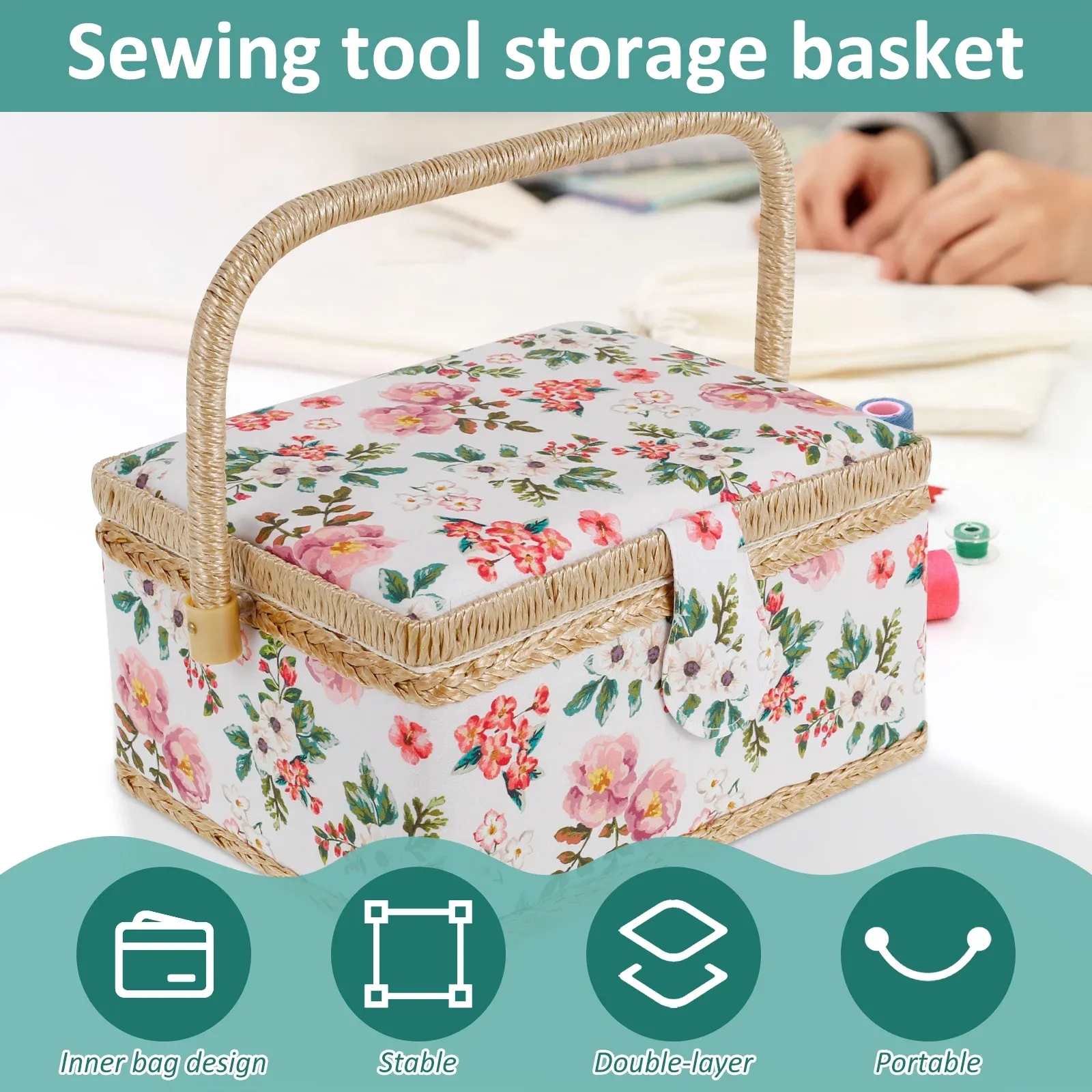 Sewing Basket with Removable Tray, Pin Cushion and Floral Fabric Organizer for Craft Supplies โ image 4