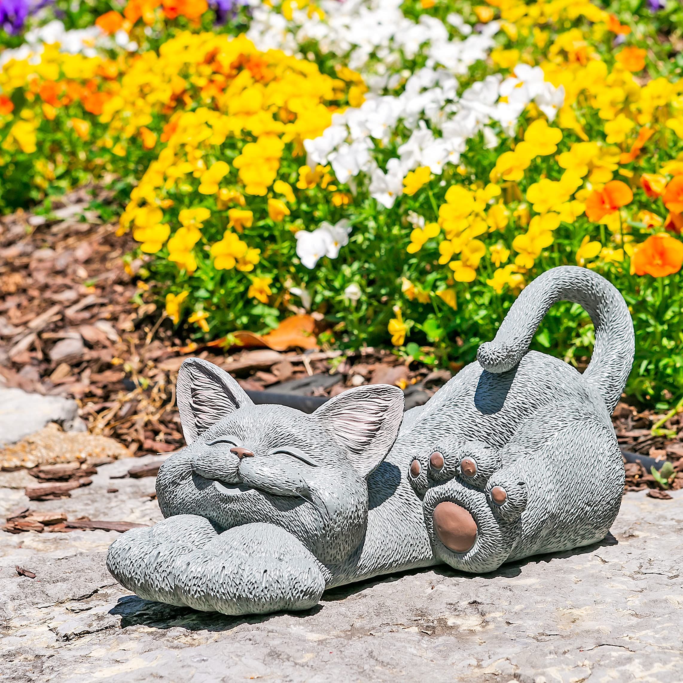 Large Whimsical Grey Cat Lounging Garden Statue Outdoor Indoor Decoration - Happy Cat Collection - Cat Lover Gifts for Women — image 5