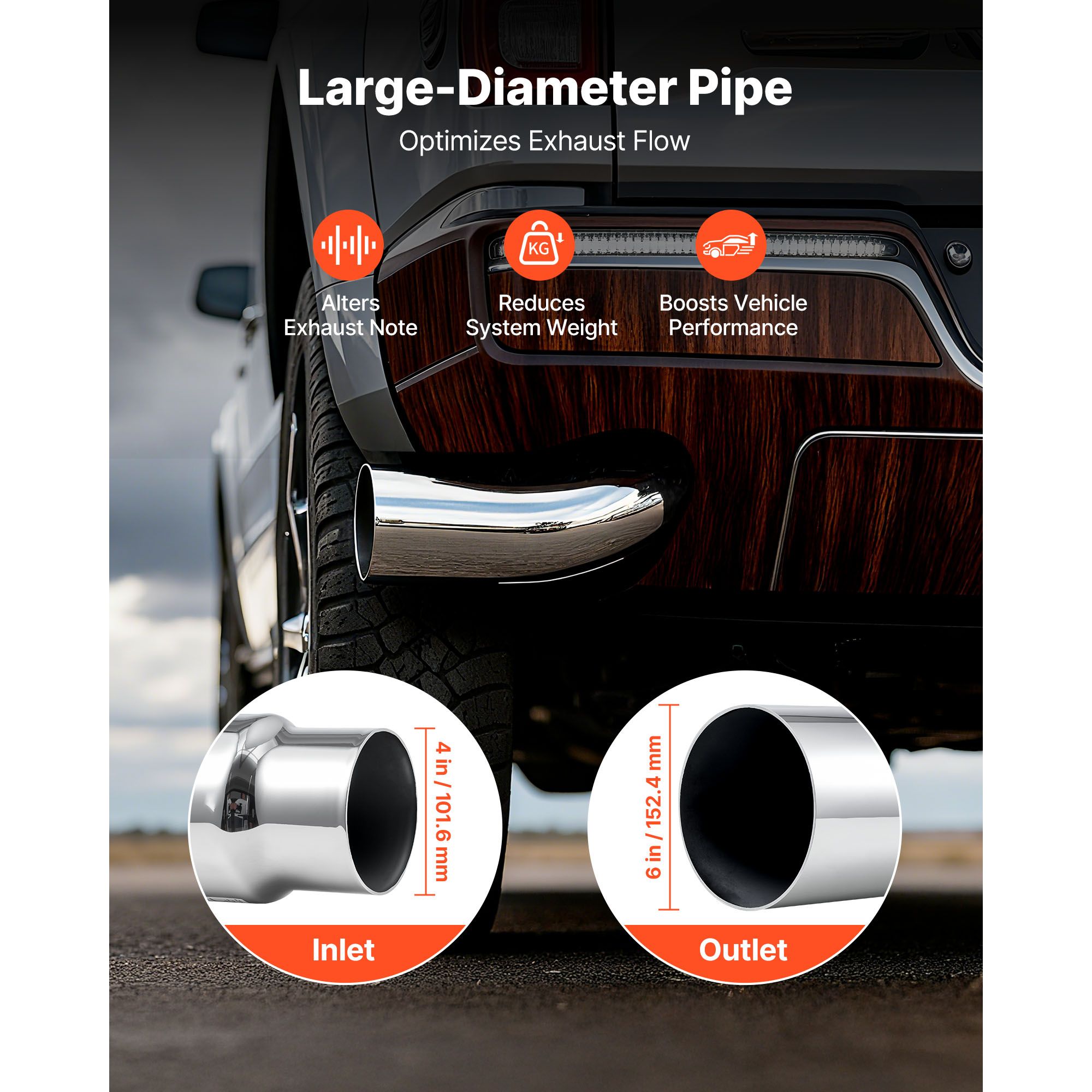 Elbow Exhaust Tip, 101.6mm Inlet, 152.4mm Outlet, 584mm Overall Length, Chrome Turn Down Exhaust Tip with Clamp for Truck/Sedan/Sports Car/SUV, Chrome — image 3