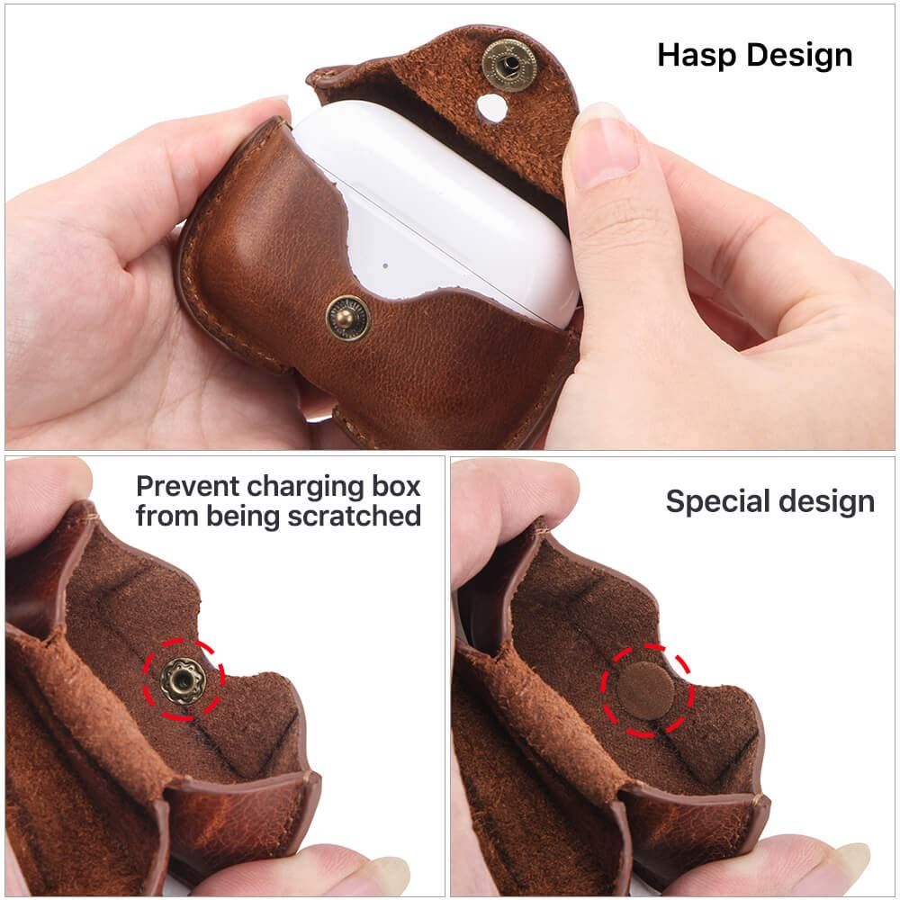 Personalized Genuine Leather Protective Case Cover Shockproof with Loss Prevention Clip for Wireless Charging Case(Coffee) — image 5