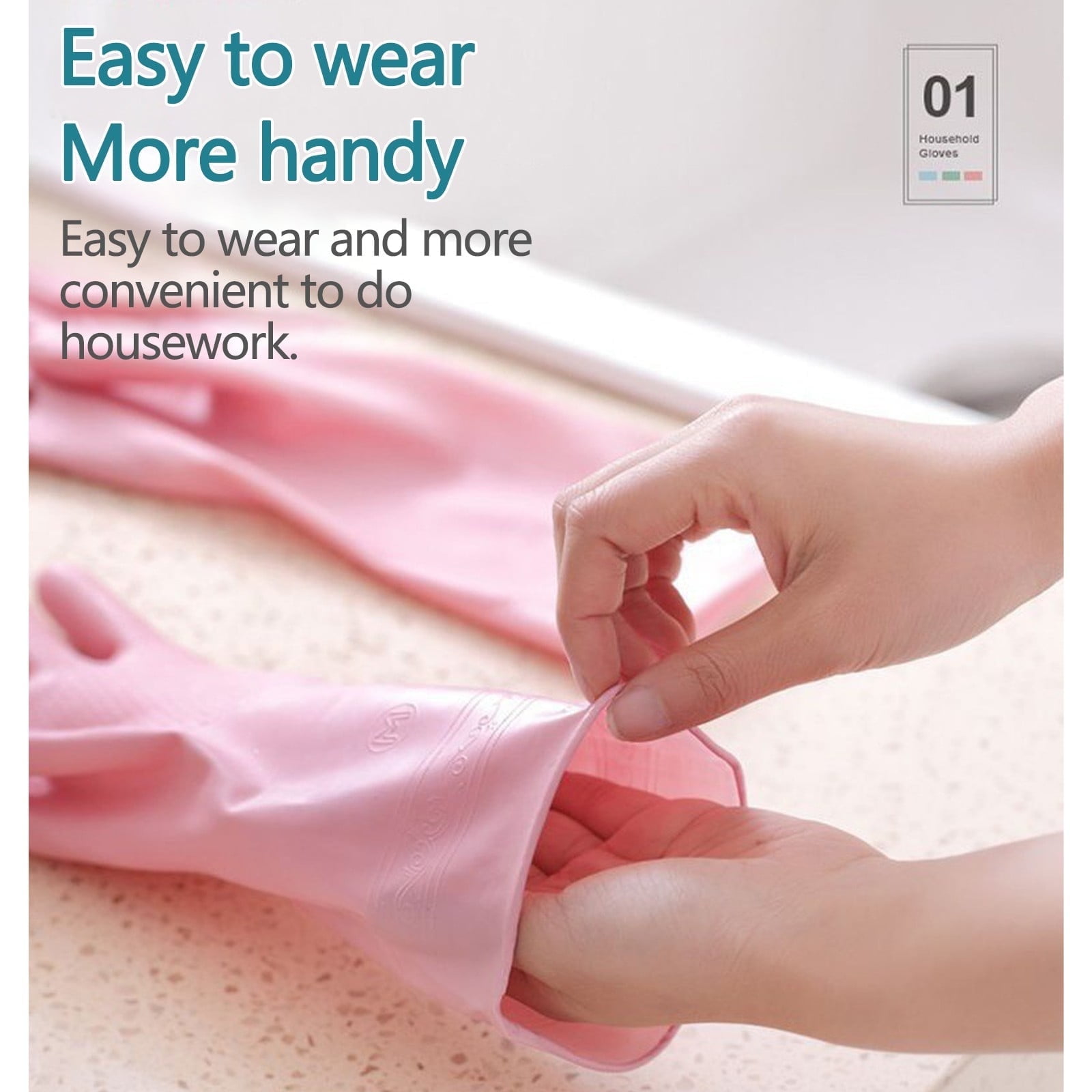 1 Pair Rubber Gloves for Dishwashing Cleaning, Cotton Lined Household Gloves, Waterproof Gloves for Kitchen Bathroom, Reusable Gloves, Pink, Size M โ image 4