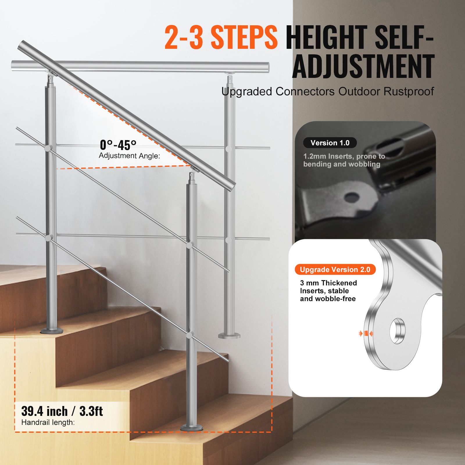39.4in Handrails for Outdoor Steps 2 Crossbars Staircase for Porch Deck โ image 3