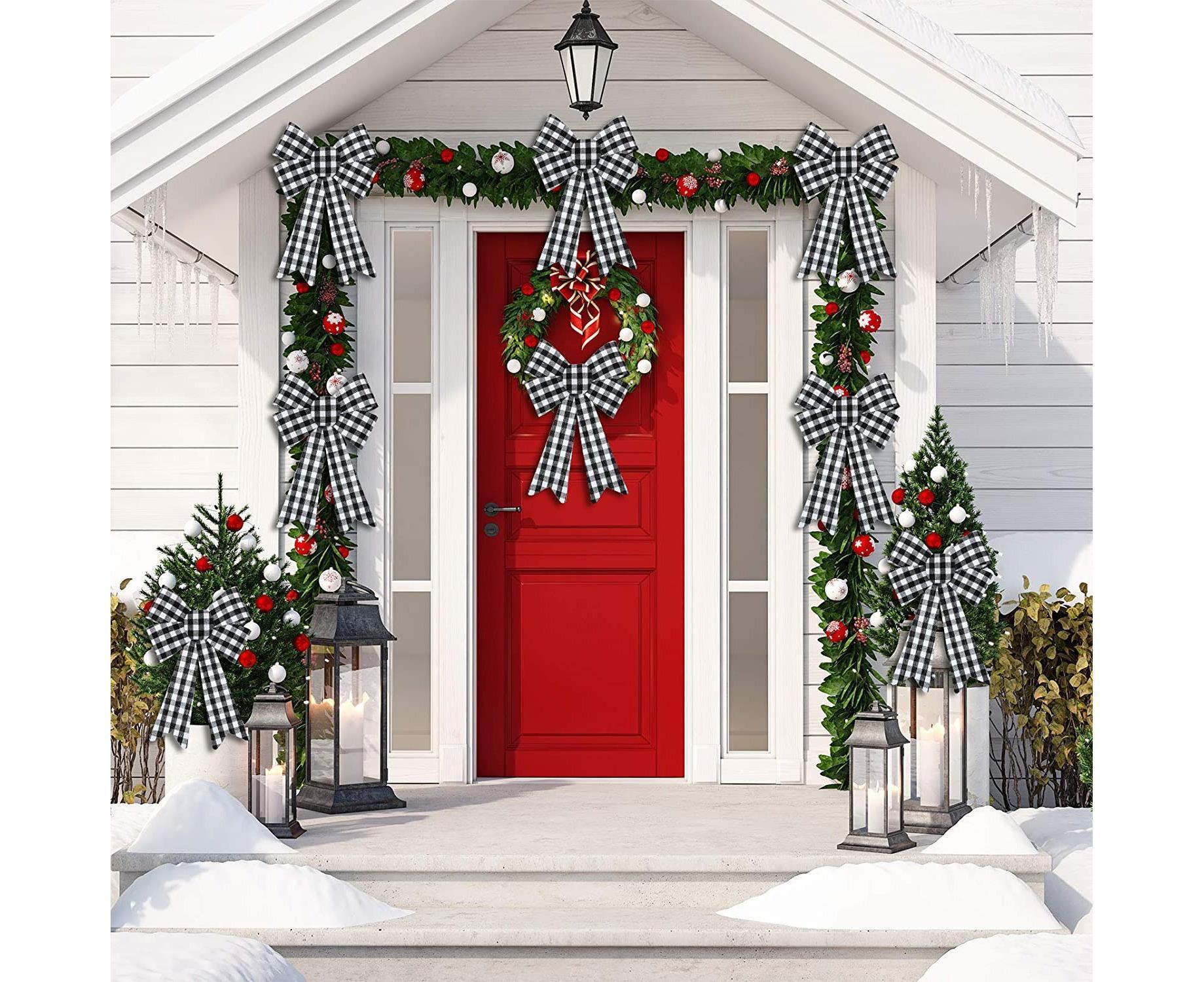 6 Pieces Large Christmas Wreath Bow Plaid Christmas Bow PVC Plastic Xmas Plaid Check Wrapping Bow for Christmas Indoor Outdoor Decorations - Black and White — image 3