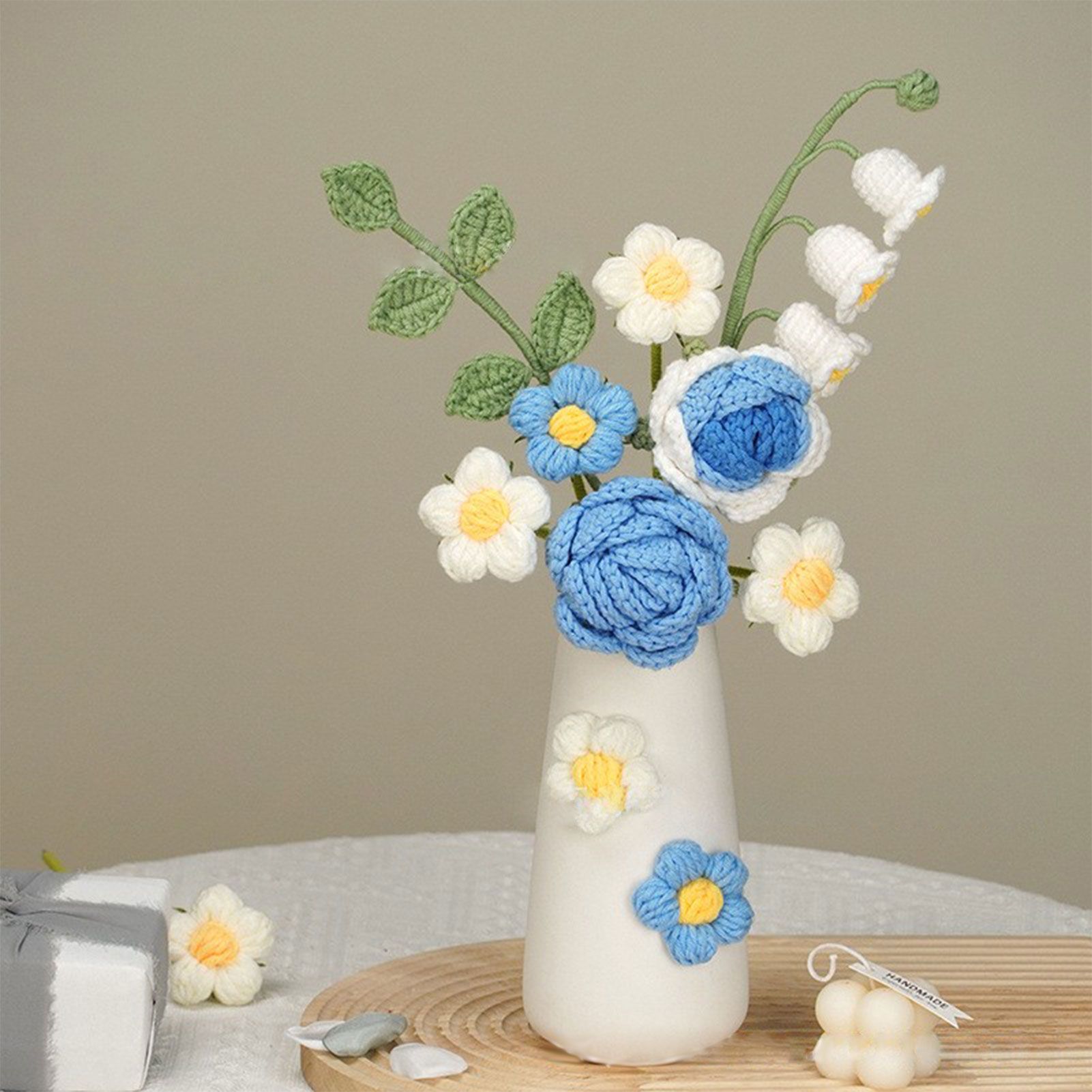 Simulation Woolen Flower Handmade Knitting Artificial Flower Crochet Knitted Flower with Ceramic Vase Table Flower Gift — image 3