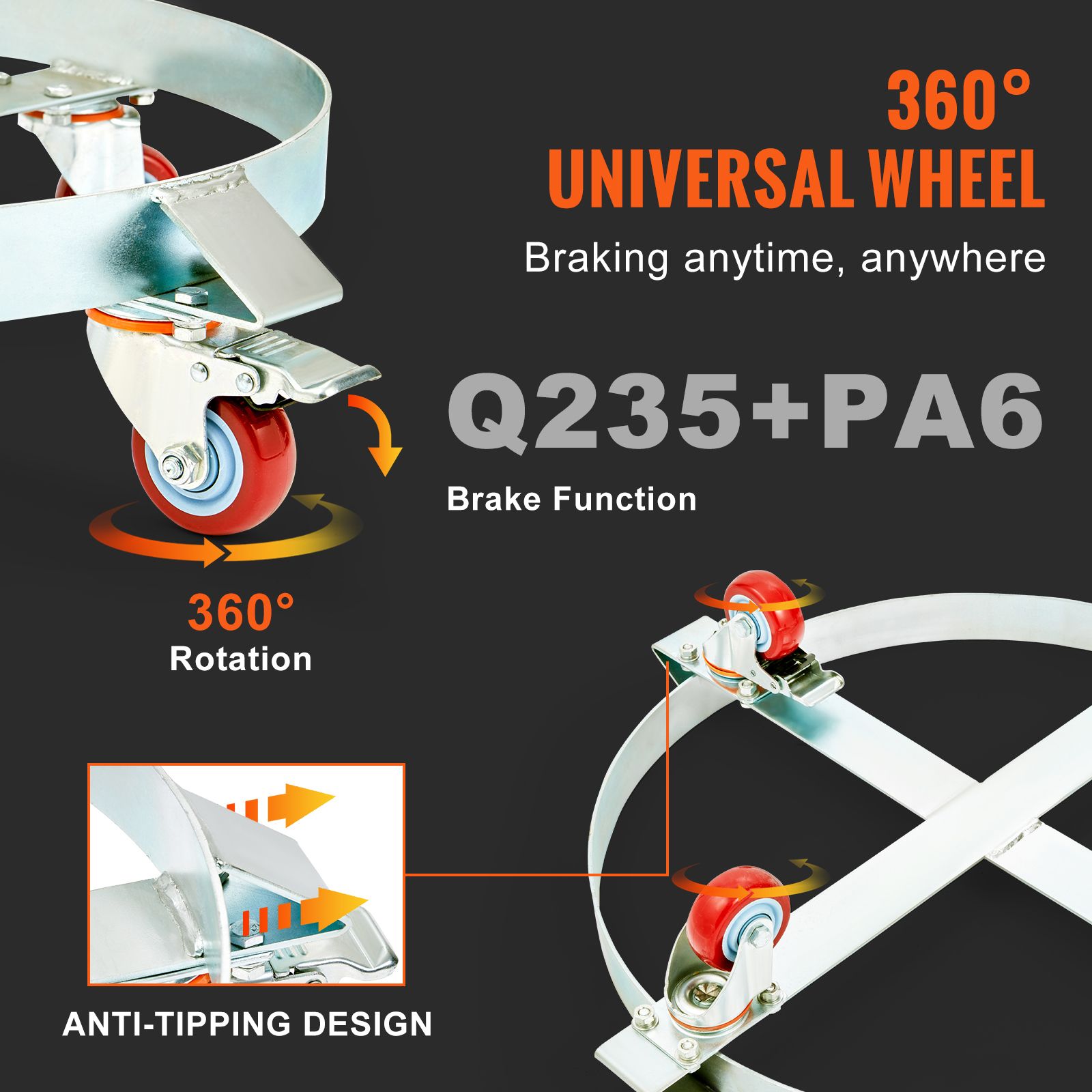 2PCS 250 L Heavy Duty Drum Dolly, 454 kg Load Capacity, Barrel Dolly Cart Drum Caddy, Non Tipping Hand Truck Capacity Dollies with Steel Frame 4 Swivel Casters — image 5