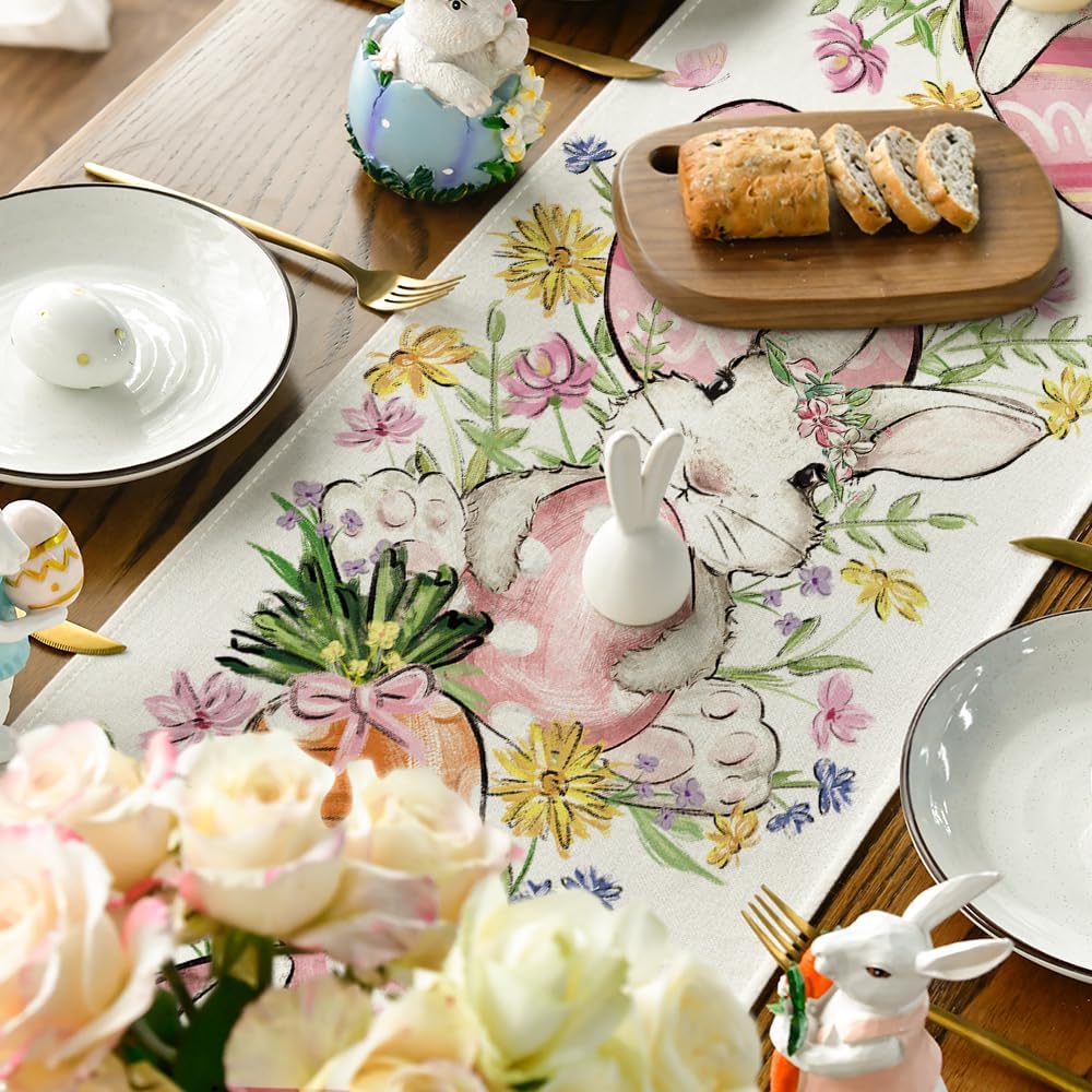 Bunny Rabbit Egg Flower Easter Table Runner, Seasonal Spring Kitchen Dining Table Decoration for Home Party Decor 13 × 72 Inch — image 4