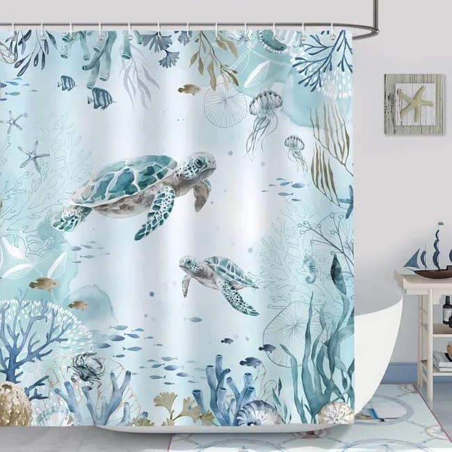 Waterproof Shower Curtain with Sea Turtle and Dolphin Motif, Mildew Resistant, Light Blue, 180 × 180cm