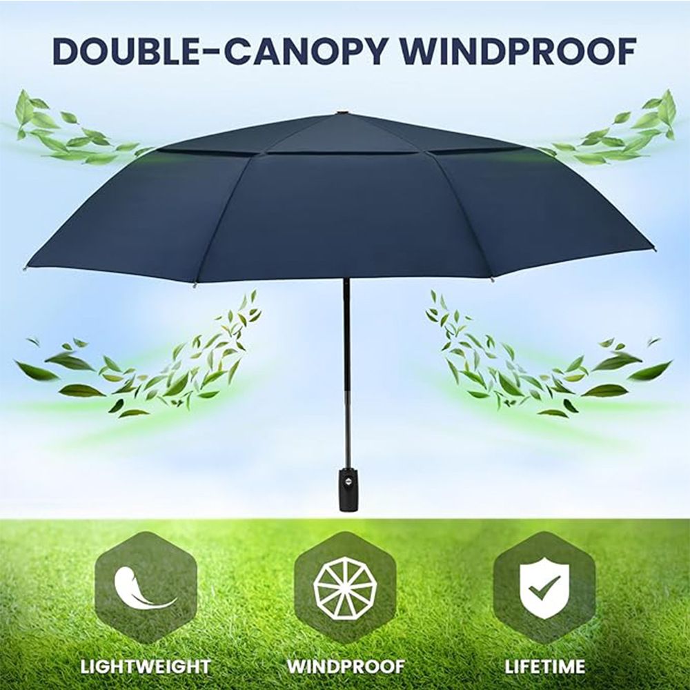 46 inch Navy Blue Windproof Automatic Travel Folding Umbrella and Black Absorbent Hanging Storage Pouch Set – Compact 3-Fold Auto Open Close Umbrella wth — image 3