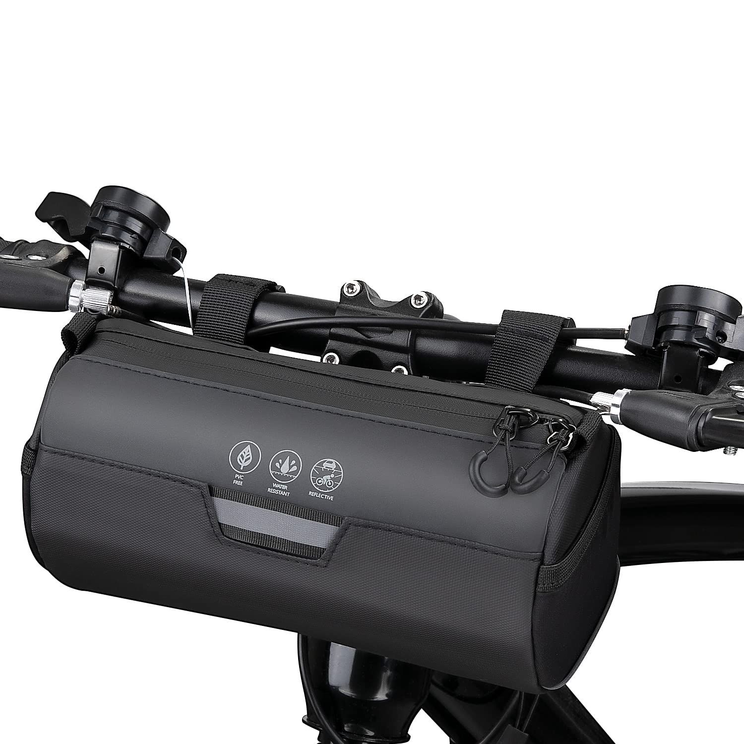 Bike Handlebar Bag Waterproof - Bicycle Handlebar Roll Bag with Large Reflective Area, Bike Front Pouch with Waterproof Zipper Shoulder Strap Removable Straps