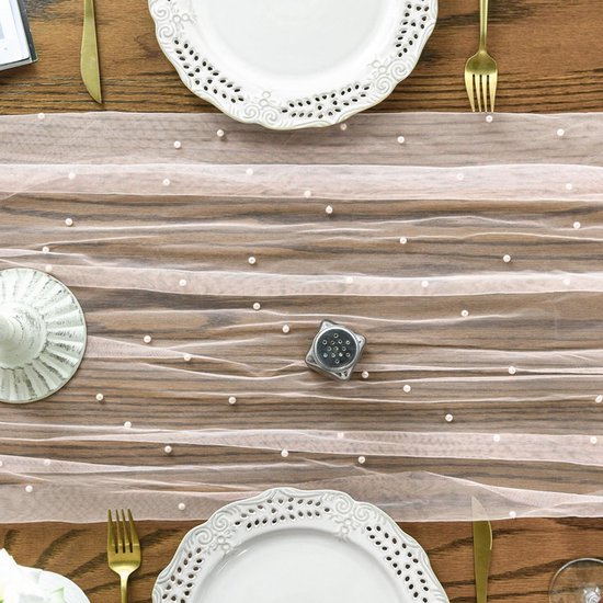 Pink Table Veil with White Pearls - Silky Gauze 30x120 Inches - For Weddings, Parties & Table Decorations โ image 2