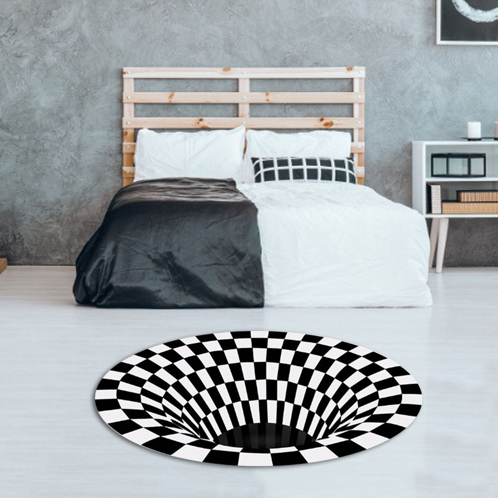 Round Black White Grid Carpet 3D Vortex Room Bedroom Anti Slip Floor Mats Home Carpet Rugs — image 3