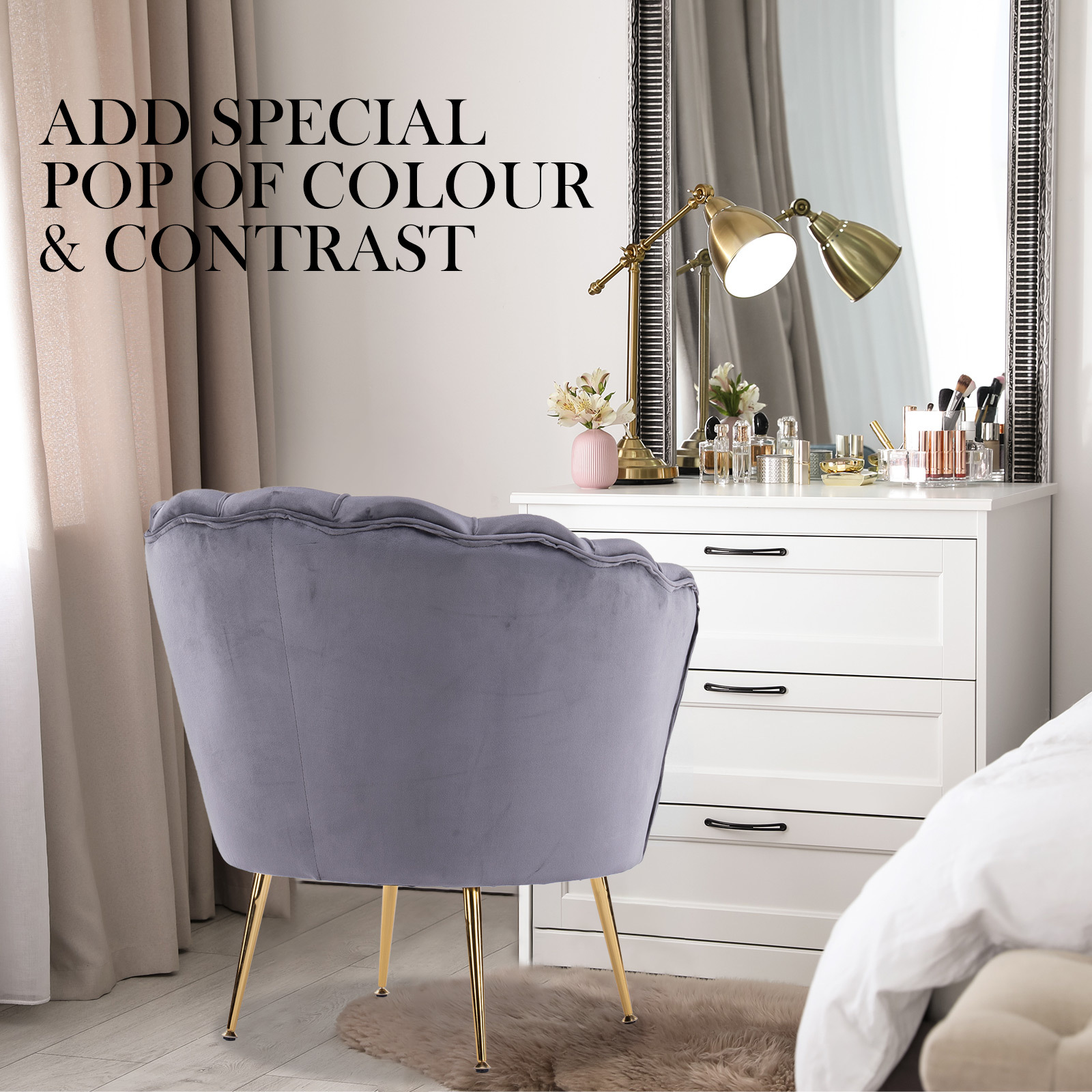 Armchair Lounge Chair Accent Velvet Shell Scallop + Ottoman Footstool Round GREY — image 5