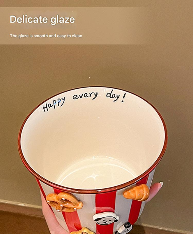 Charming Striped Ceramic Instant Noodle Bowl with 3D Accents & Happy every day!" Message(grey)" — image 3