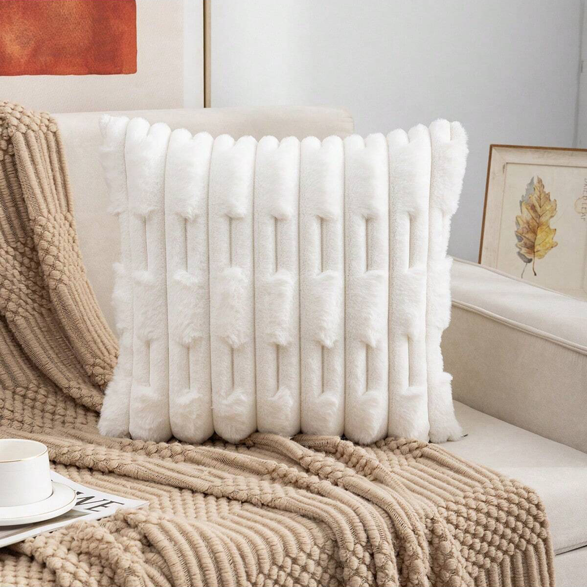 A pair of White Plush Faux Rabbit Fur Throw Pillow Cover - Textured Wheat Ear Design (45x45cm) — image 2