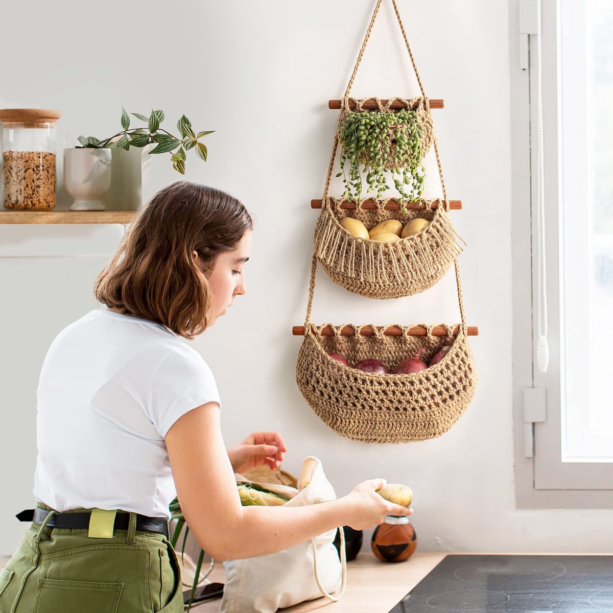 Hanging Fruit Basket - Hanging Storage - 3-Tier Over-the-Door Organizer - Woven Jute Wall Basket - Storage Bags - Over-the-Door Wall Organizer - For Entryway — image 3