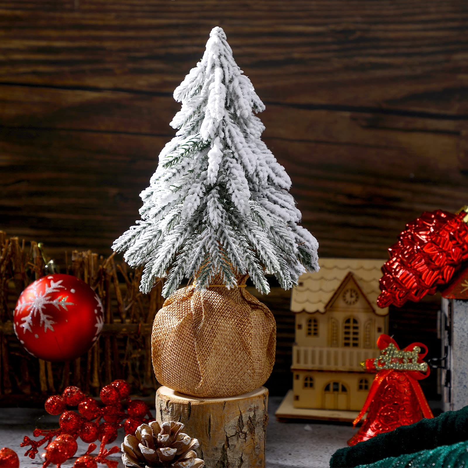 3 Pcs Snow Tabletop Christmas Trees, Snow Flocked Mini Tabletop Pine Trees with Wooden Base,Artificial Desk Christmas Trees for Xmas Holiday Home Party Table โ image 4