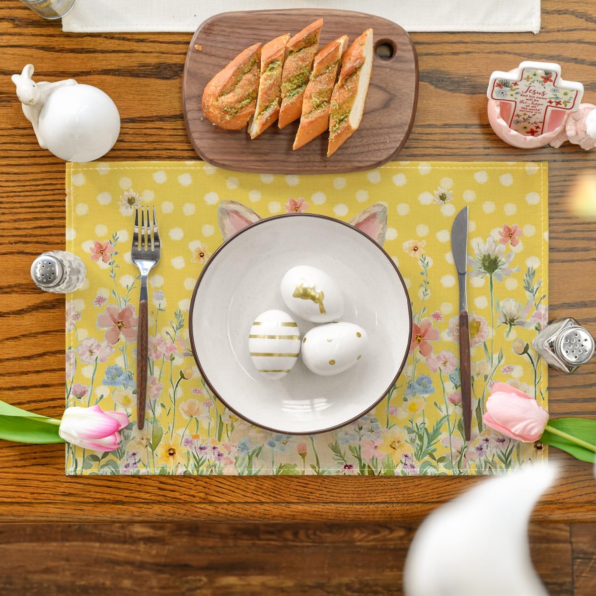 Yellow Bunny Polka Dot Easter Placemats Set of 4, 12x18 Inch Flower Seasonal Spring Holiday Table Mats for Party Kitchen Dining Decoration โ image 2
