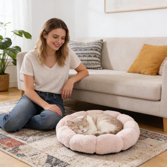 Cat basket - Warm basket for autumn/winter - Round cat basket - Dog mat - Dog basket - Cat basket for home - Pet basket - Pink - 50 cm โ image 5