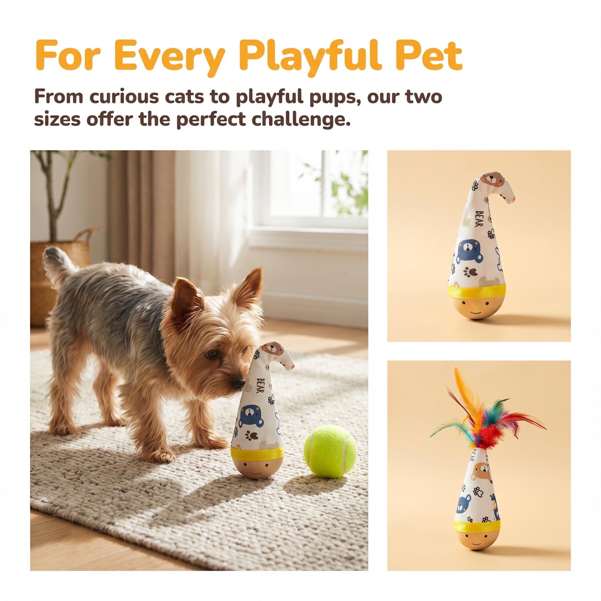 Self-Righting Pet Toy with Natural Wood Base and Durable Fabric Top, Featuring Feather Options and Playful Smile Design — image 6