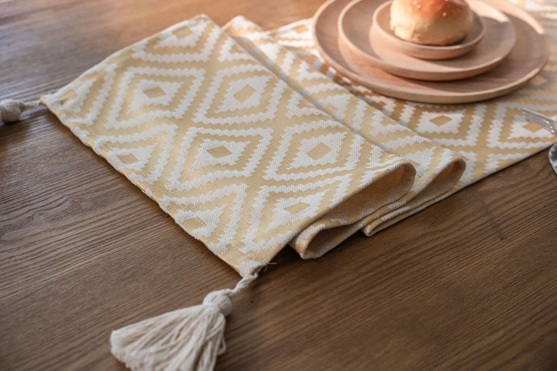 Jacquard Geometric Table Runner with Tassels Thick Knitted Embroidery Textured Table Runner for Kitchen Dining Room Party