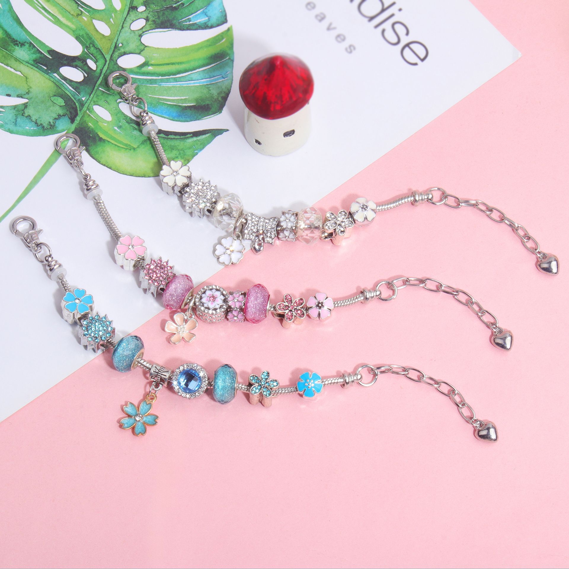 Blue Magnolia Alloy Bracelet with Rhinestones & Glaze Beads(19cm) โ image 5