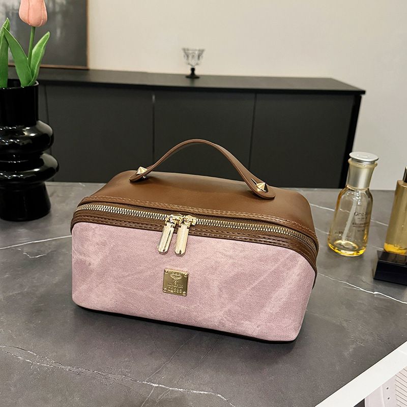 【PU Color-Block Cosmetic Bag】 Leather Handle Metal Zipper, Color-Block Simple Partition, Main Compartment Stores Cosmetics & Toiletries, Lightweight &
