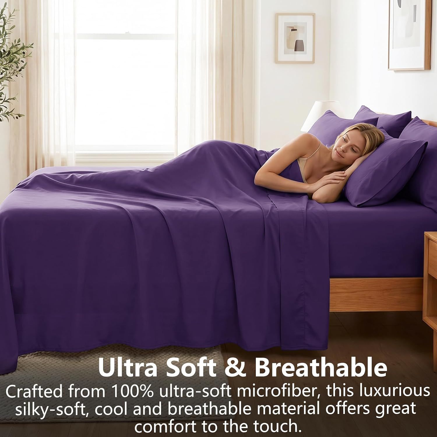 Hotel Soft Bed Sheet Set- Bedding Sheets & Pillowcases -Breathable Bedding - Wrinkle, Fade, Stain Resistant-Deep Pocket Flat Fitted Bed Sheet Set(Purple,King — image 4