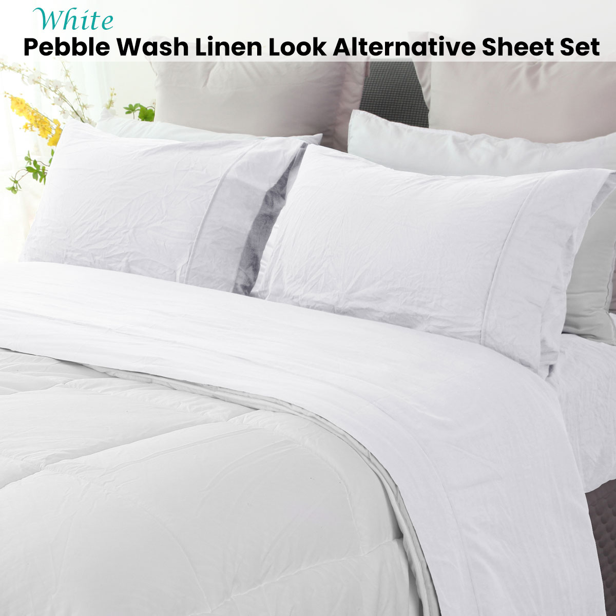 Ramesses White Pebble Wash Linen Look Alternative Sheet Set Single โ image 2