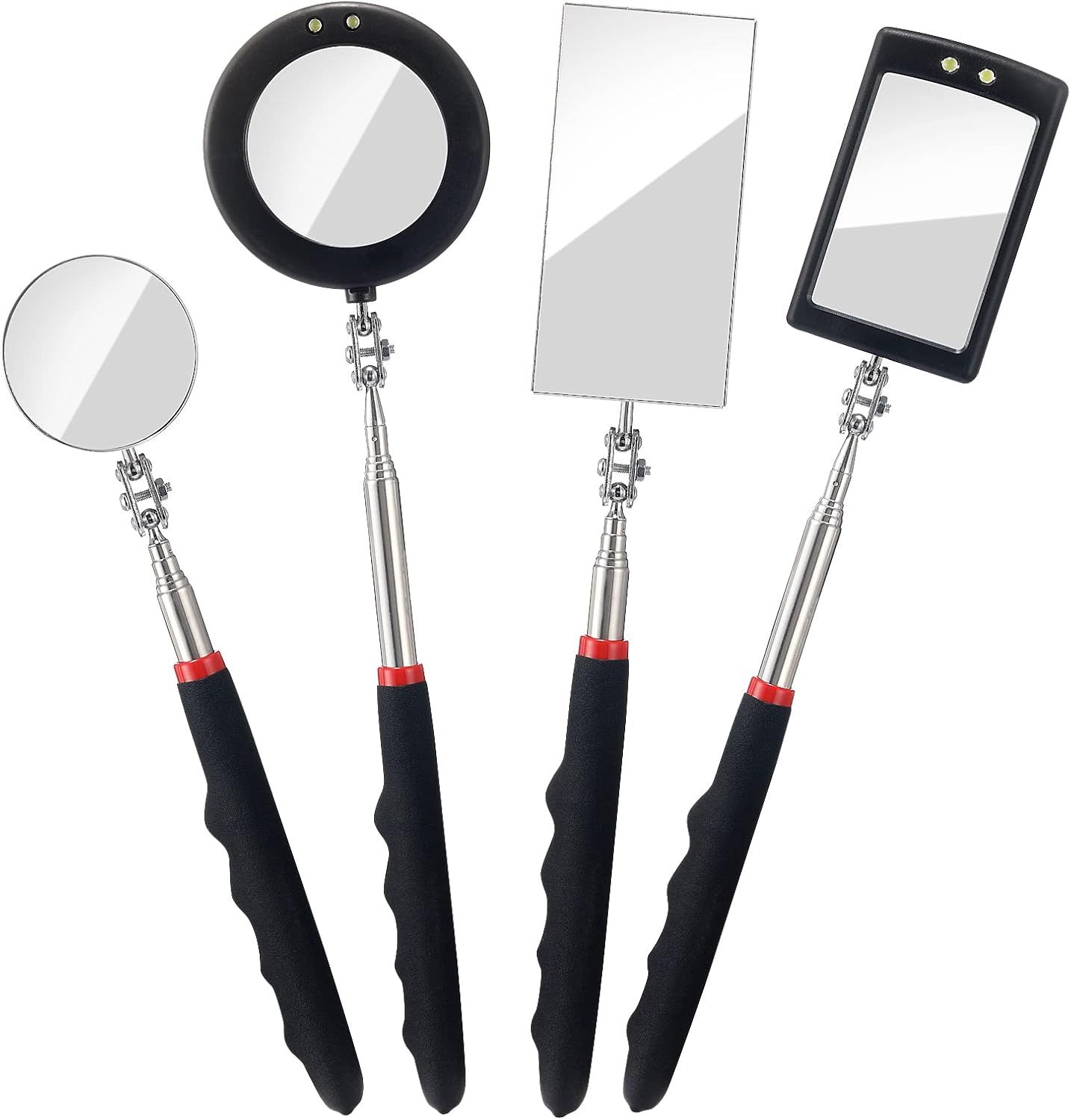 4PCS Telescoping Inspection Mirror LED Lighted Inspection Mirror for Mechanic Checking Vehicle, Car, Eyelashes, Mouth, Small Parts Observation (Extendable