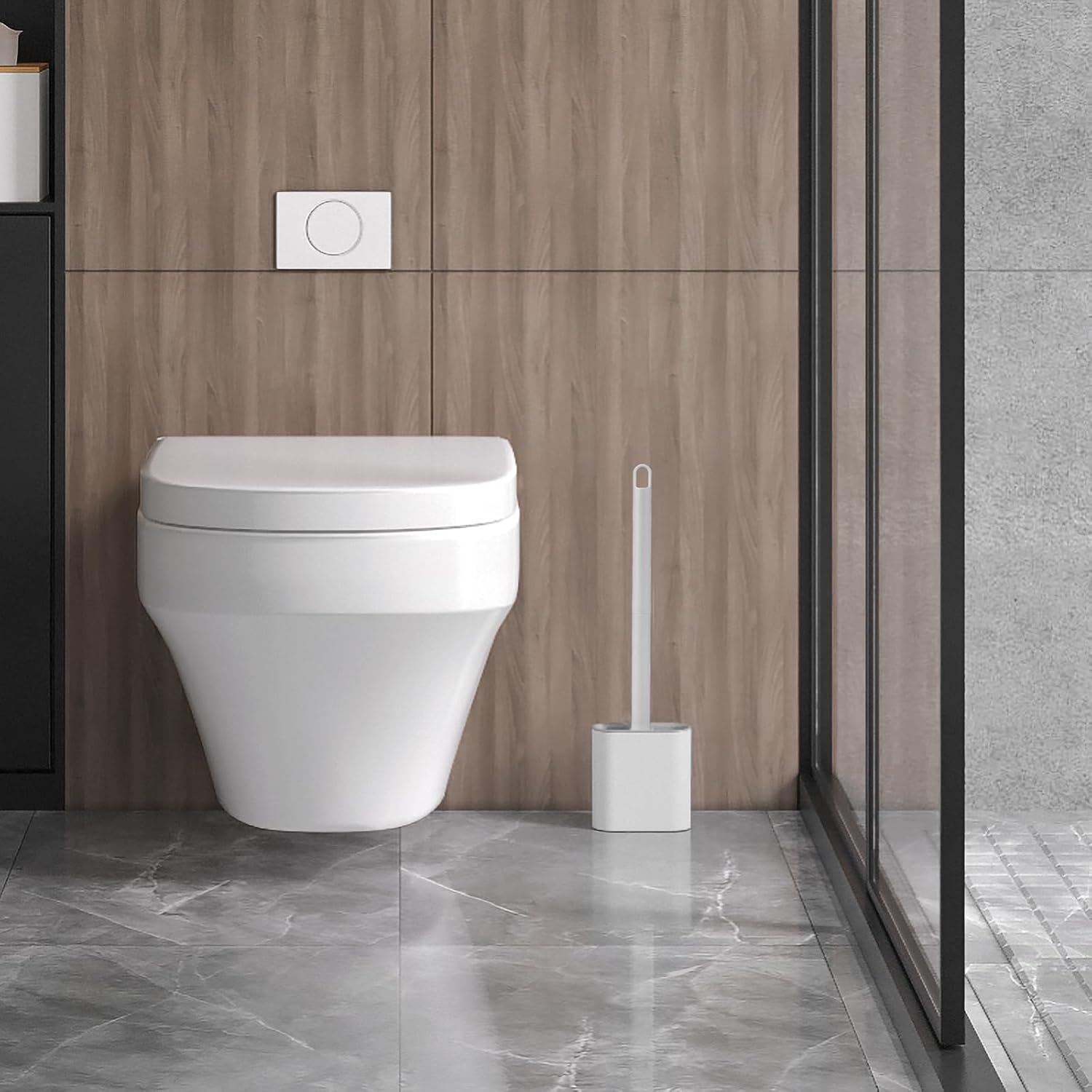 Silicone Toilet Brush and Holder with Long Handle, Quick-Drying Wall or Floor Mounted Bathroom Cleaning Set, White, 11 x 9 x 14 cm โ image 2