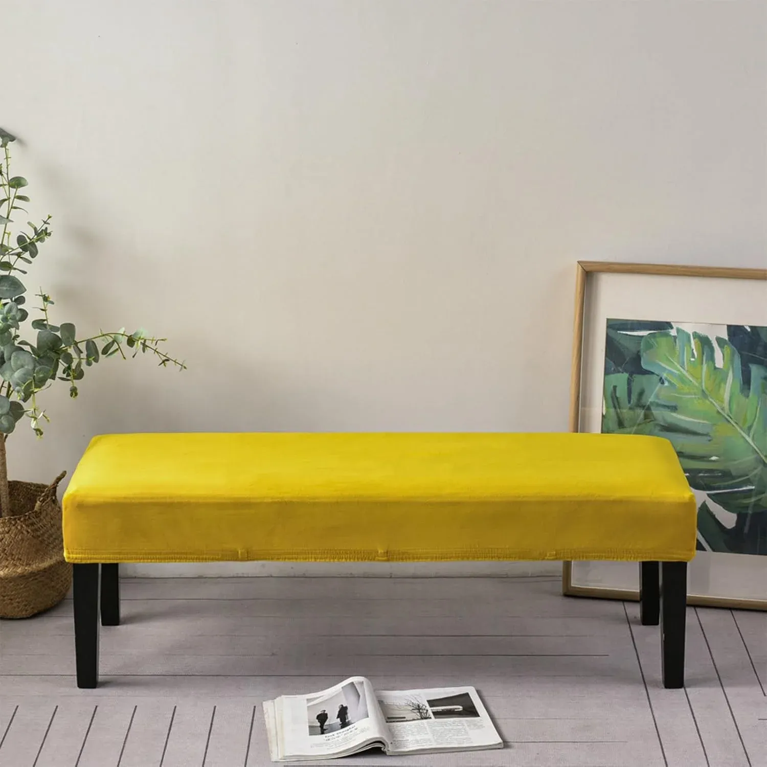 Dining Bench Cushion Cover Stretch Velvet Washable Rectangle Seat Protector for Dining Room Piano Bench Living Room Bedroom Yellow — image 4