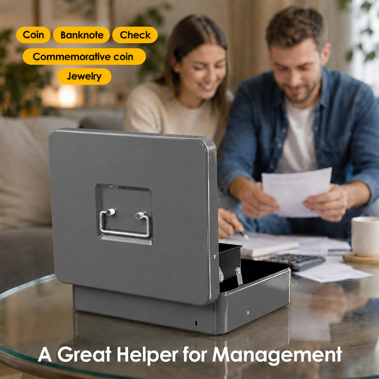 Lockable Metal Cash Box with 2 Keys, 4 Bill & 5 Coin Tray, Security Money Box with Anti-Loss Rope โ image 5