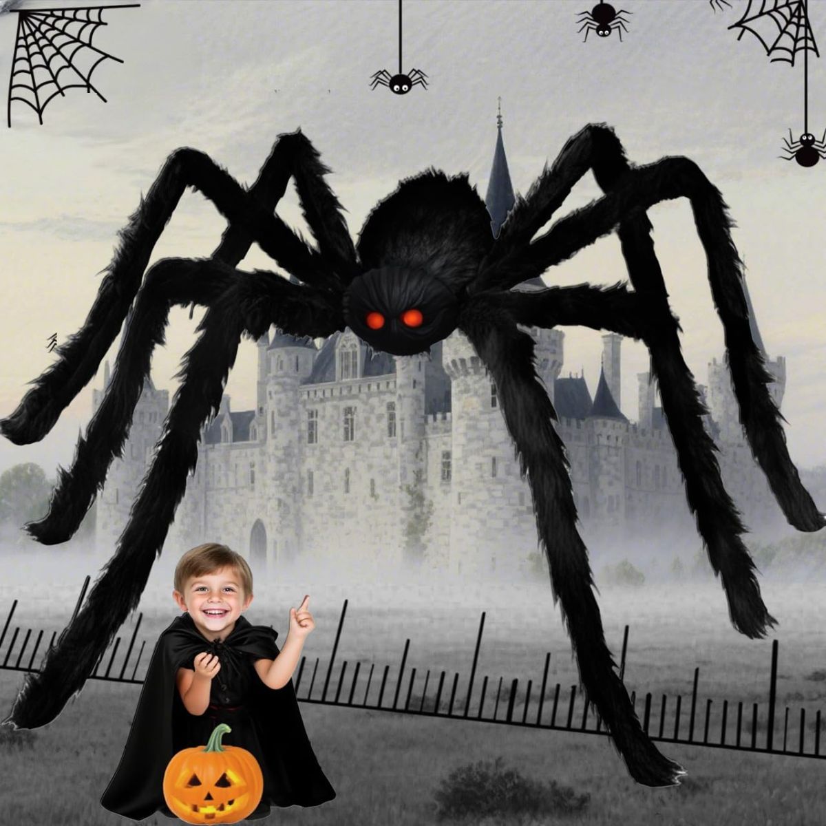 Giant Spider 6.6 Ft, 2M Halloween Decorations Fake Halloween Decor Spiders Large, Furry Spiders for Outdoor Indoor Yard Home Costumes Party House Décor - Black