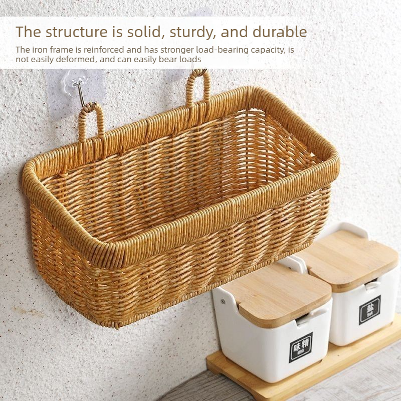 Artificial Rattan Wall Mount Storage Basket, Washable Plastic Woven Hanging Organizer for Kitchen Garlic Ginger Spice(S) — image 3