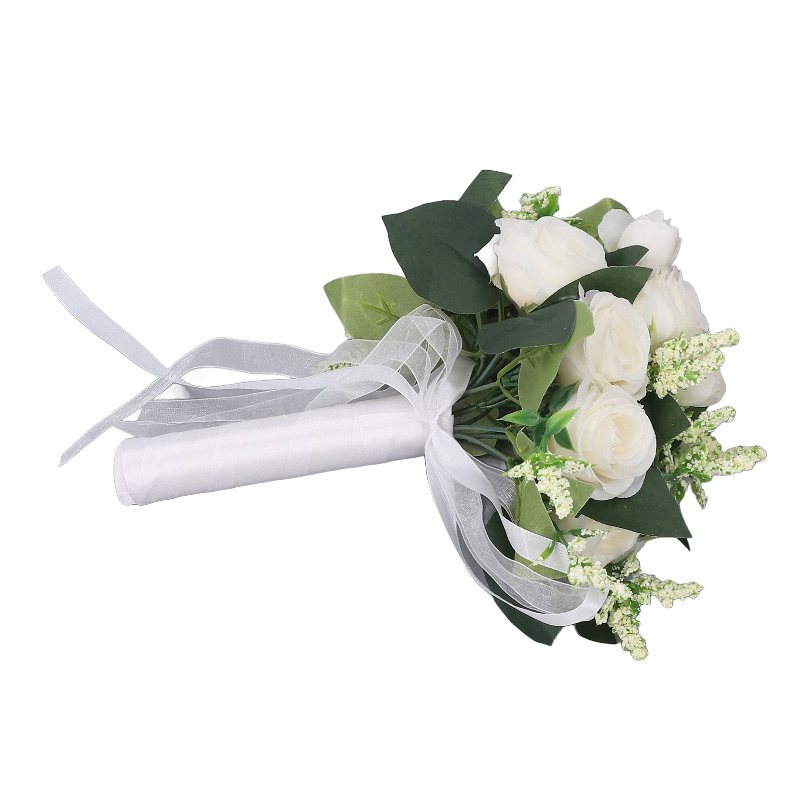 Wedding Bouquet Simulation Artificial Rose Lifelike Green Leaves Modern Elegant Rose for Wedding Church Home Decor Milky White — image 2