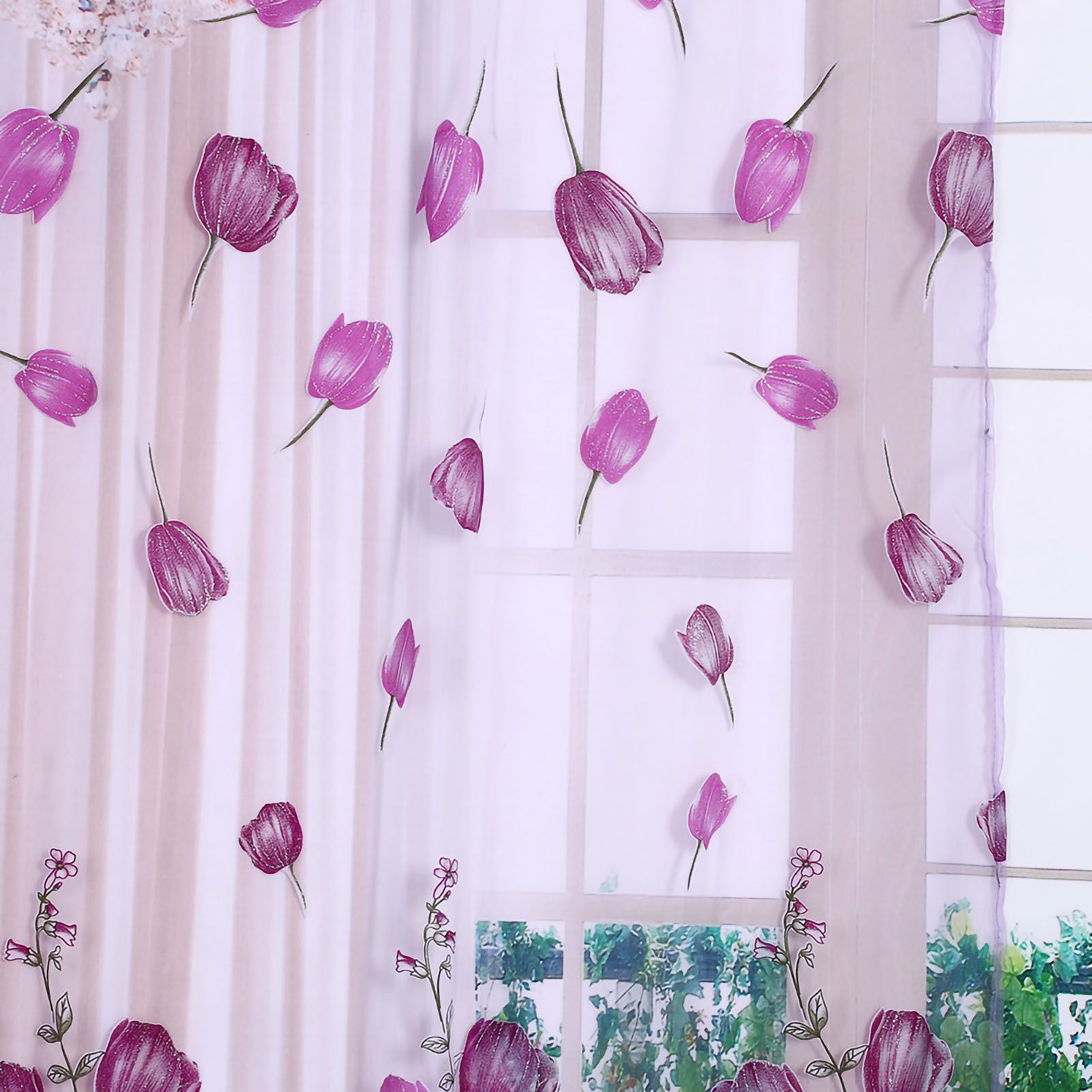 100*200cm Tulips Printing Tulle Curtains Sheer Drape Balcony Window Decoration Purple โ image 3