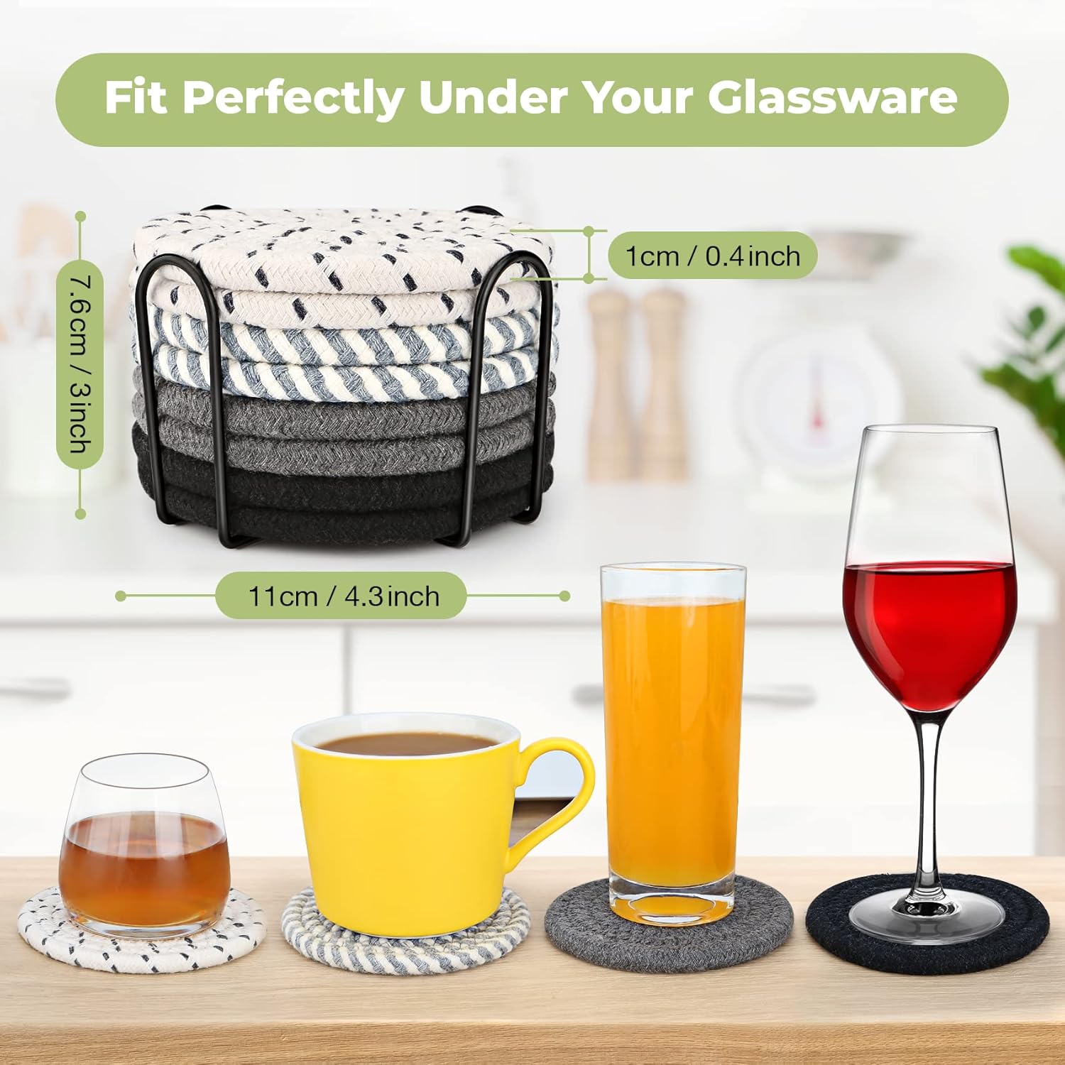 8-Piece Glass Coasters Set with Metal Holder 4 Colors Handmade Cotton Linen Heat Resistant Absorbent Kitchen Dining Table Gift — image 2