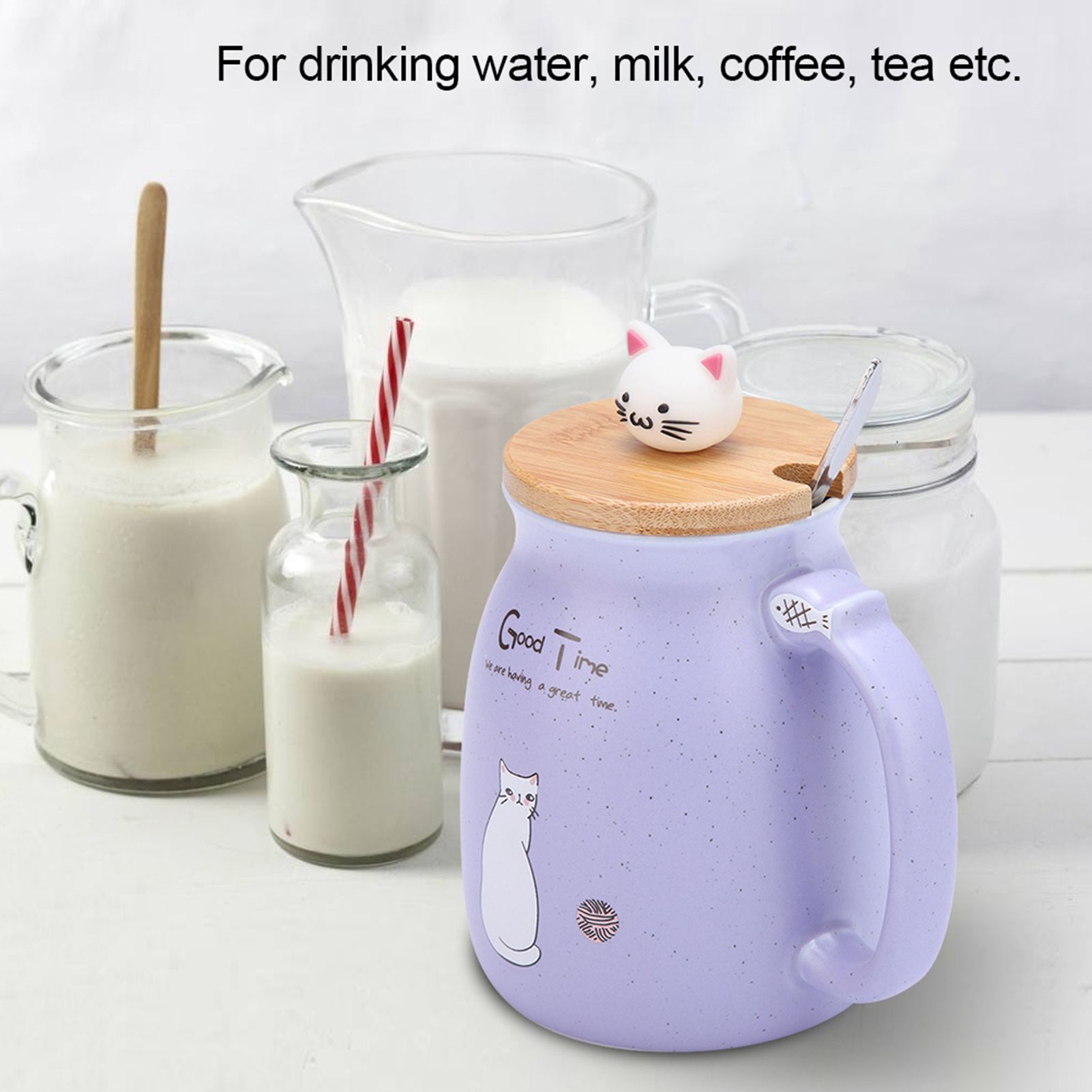 1Pc Lovely Cat Ceramic Cup with Spoon and Lid Coffee Water Milk Mug for Drinkware Gift(Purple) โ image 3