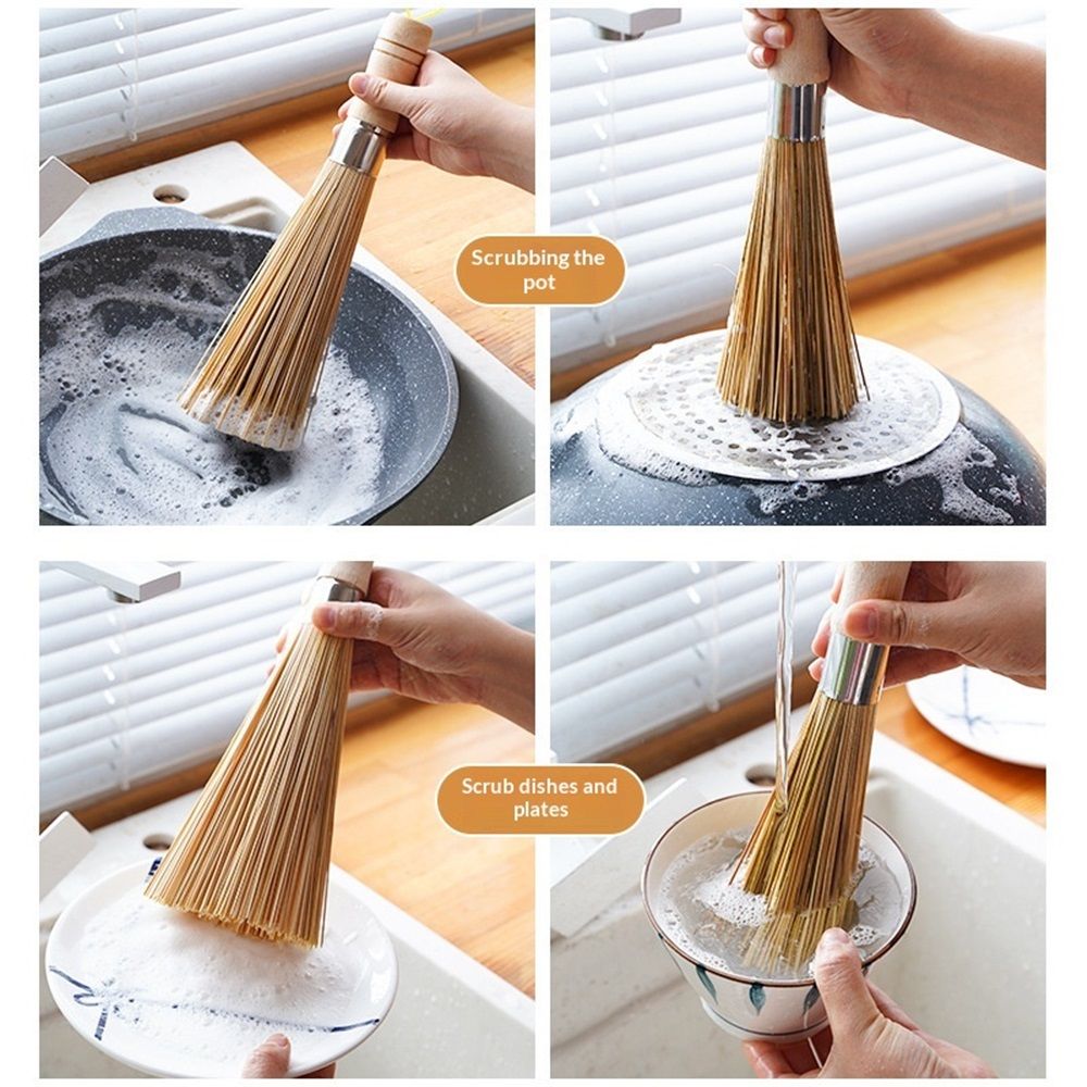 2 pack Bamboo Brush for Frying Pans and Woks (9.84inch / with Strings) Scrub Brush, Bamboo Pot Brush Cleaning — image 4