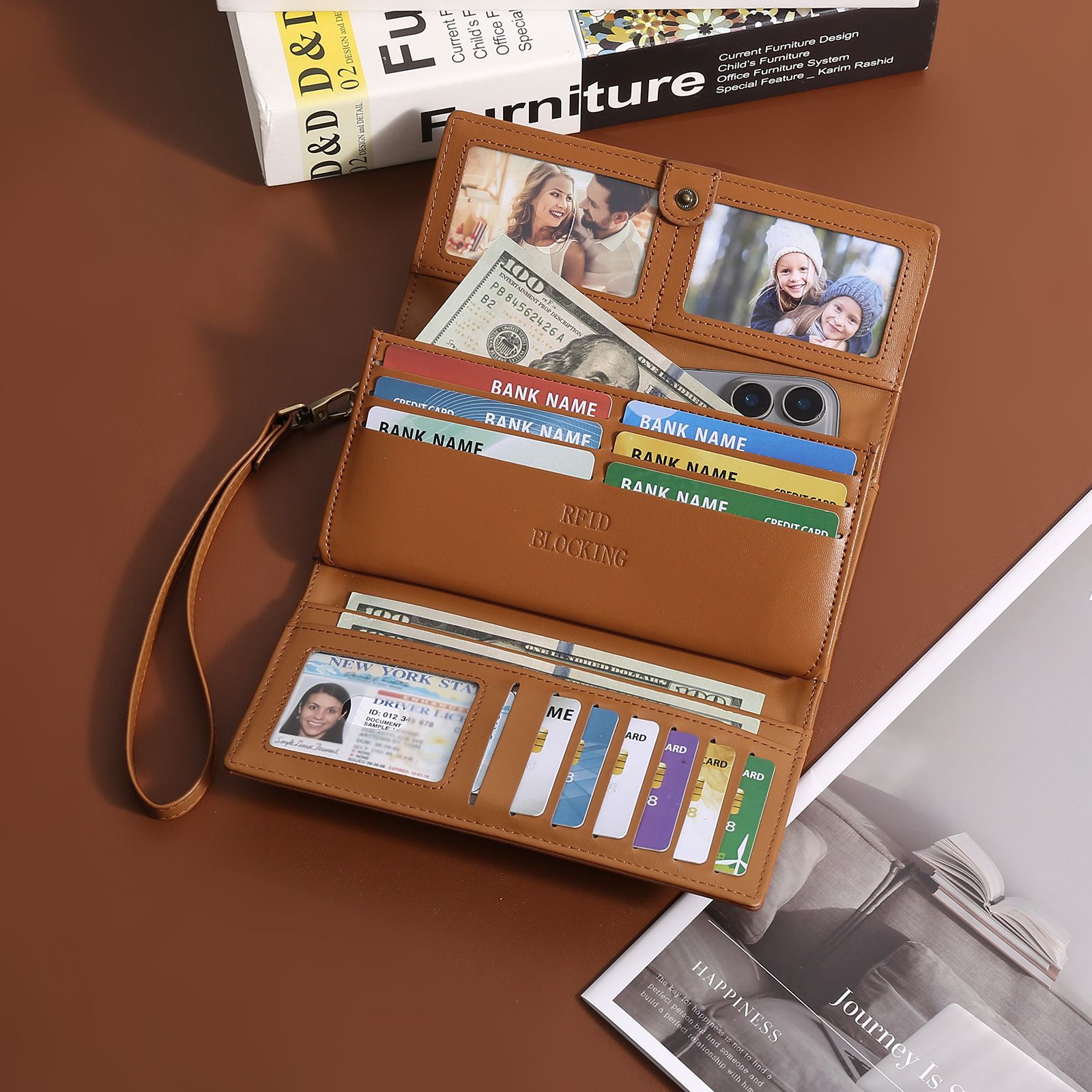 Brown Women's Vintage Embossed Microfibre Leather Long Wallet - Large Capacity Trifold Clutch with Muti Pockets and Wristlet Strap โ image 2